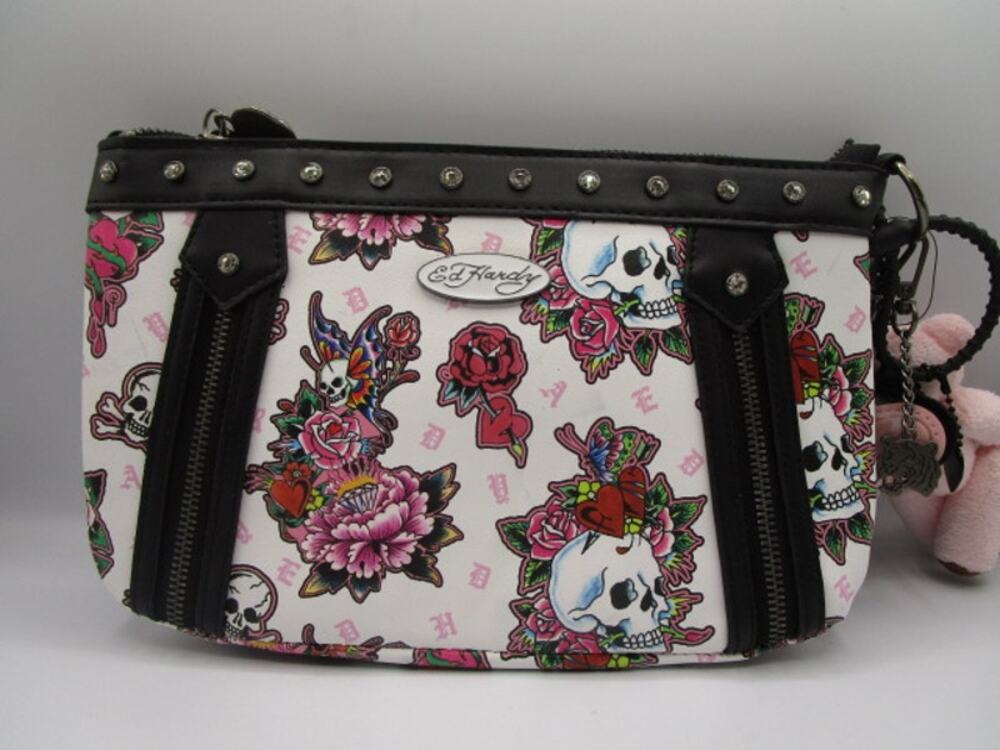Ed‎ Hardy White Crossbody Skulls Floral Studded Bag Pink Bear Charm Biker Y2K